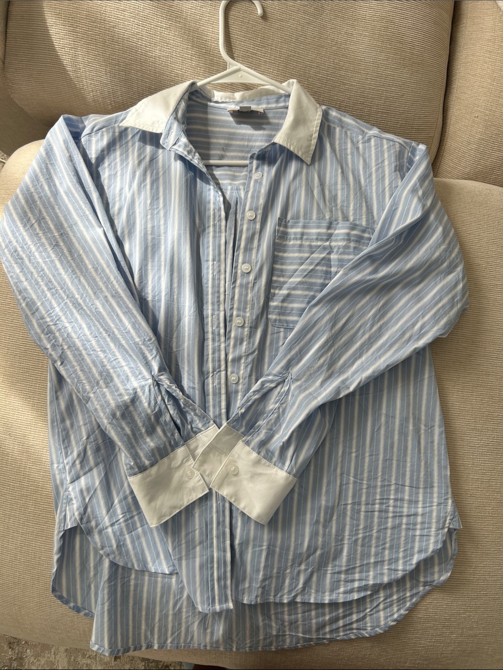 LOFT Light Blue and White Striped Button-Down Shirt